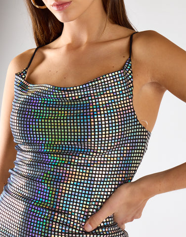 Holographic Metallic Cowl Neck Mini Dress