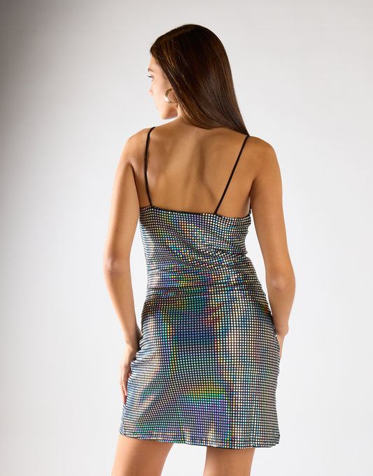 Holographic Metallic Cowl Neck Mini Dress
