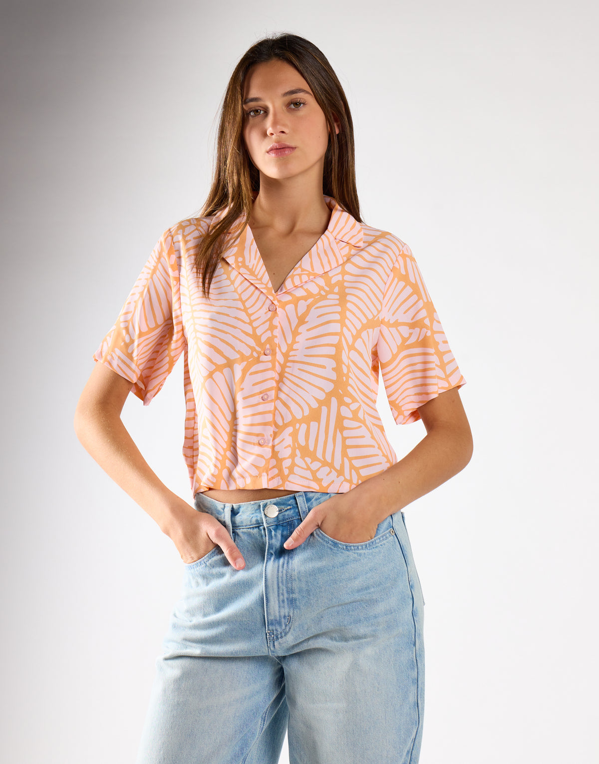 Glamorous Studio Coral Pink Palm Open Collar Shirt