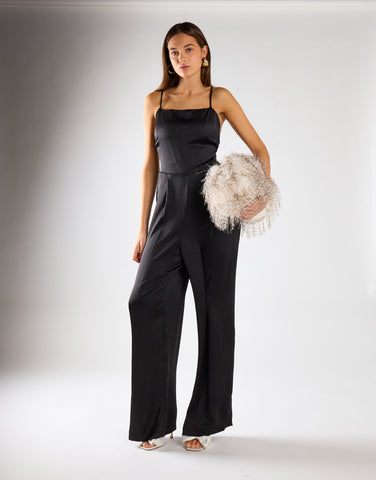 Black Wide Leg Low Tie-Back Jumpsuit