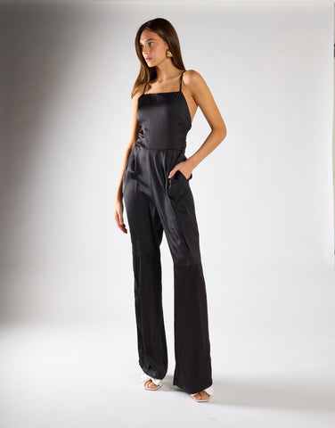 Black Wide Leg Low Tie-Back Jumpsuit