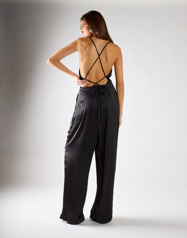 Black Wide Leg Low Tie-Back Jumpsuit