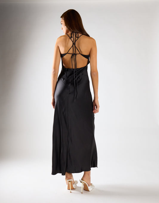 Glamorous Black Tie Back Bias Cut Midi Dress