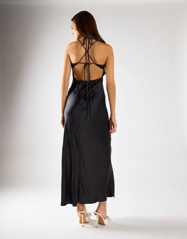 Glamorous Black Tie Back Bias Cut Midi Dress