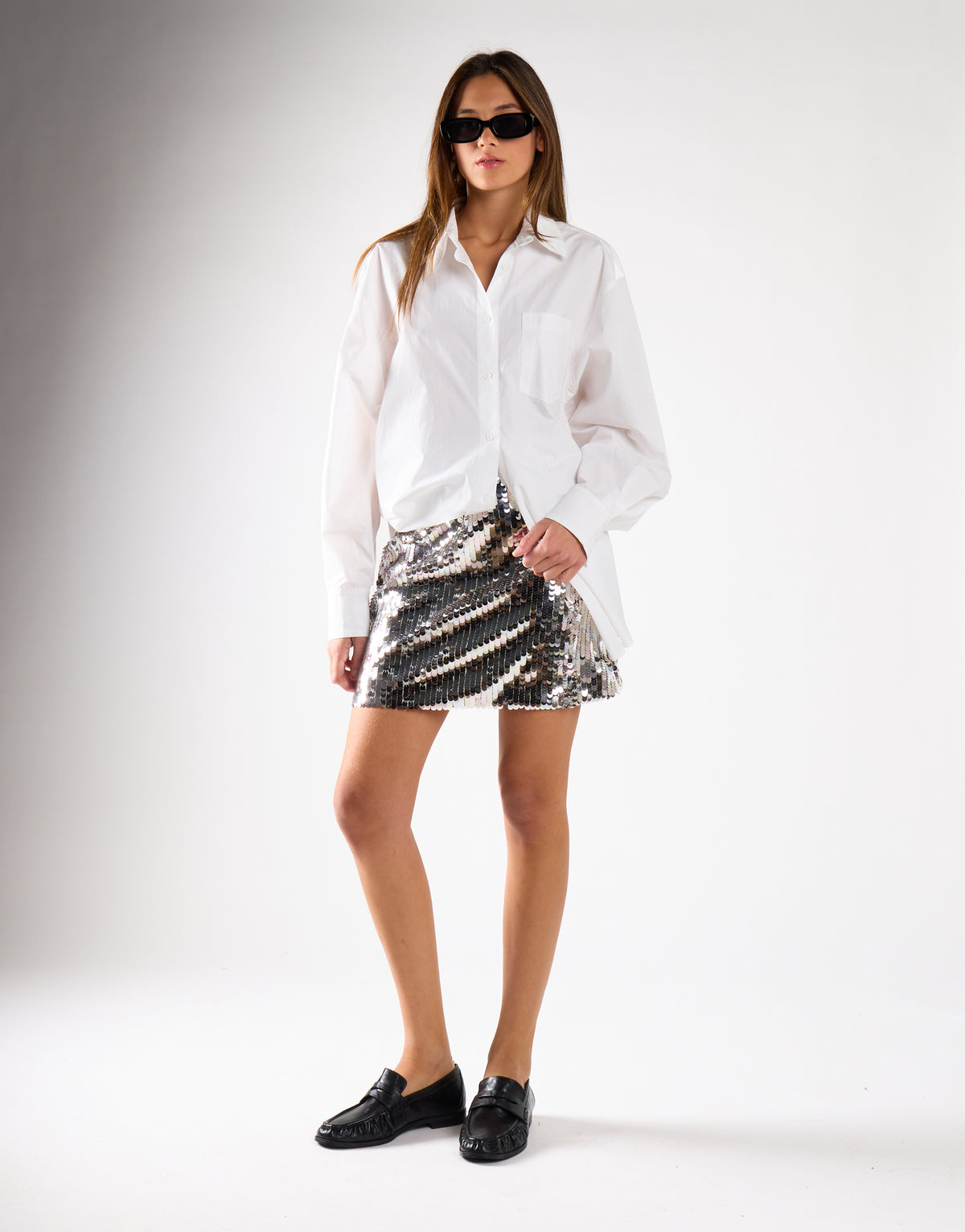 Silver Iridescent-Sequin Mini Skirt