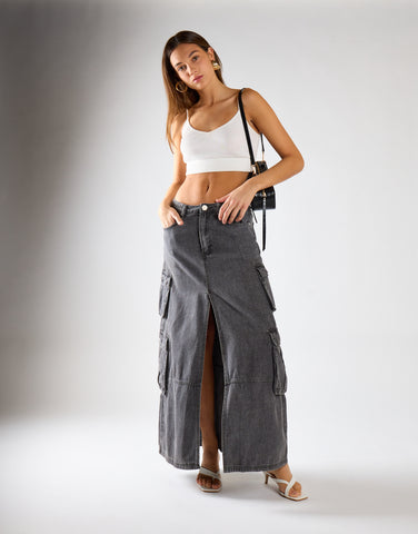 Denim Maxi Skirt - Grey Wash