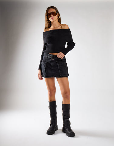 Washed Black Denim Belted Mini Skirt
