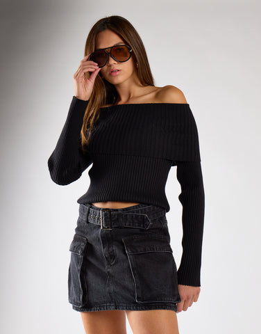 Washed Black Denim Belted Mini Skirt