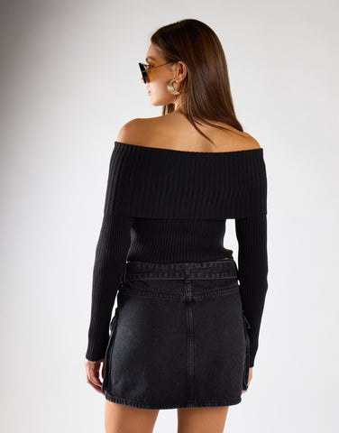 Washed Black Denim Belted Mini Skirt