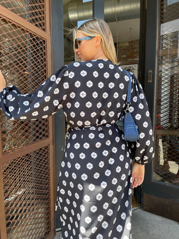 Mono-Daisy Long Sleeve Wrap Midi-dress