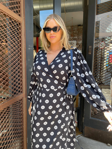Mono-Daisy Long Sleeve Wrap Midi-dress