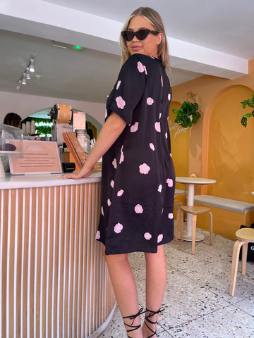 Black Floral Satin T-Shirt Mini-Dress
