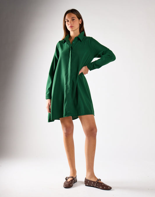 Dark-Green Long-Sleeve-Button-Front Mini Shirt Dress