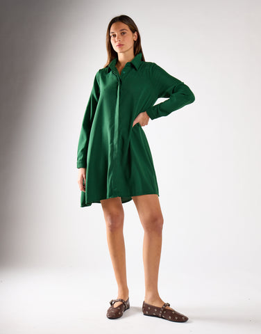 Dark-Green Long-Sleeve-Button-Front Mini Shirt Dress