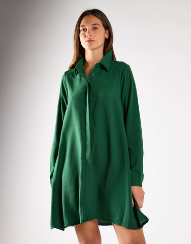 Dark-Green Long-Sleeve-Button-Front Mini Shirt Dress