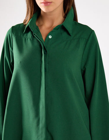 Dark-Green Long-Sleeve-Button-Front Mini Shirt Dress
