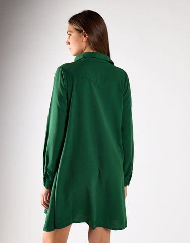 Dark-Green Long-Sleeve-Button-Front Mini Shirt Dress
