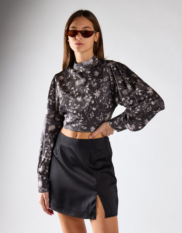 Brown Floral Tie-Back High-Neck Crop Top