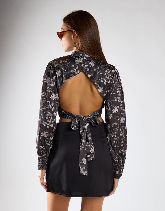 Brown Floral Tie-Back High-Neck Crop Top