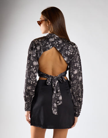 Brown Floral Tie-Back High-Neck Crop Top