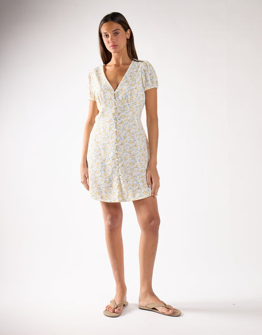 Yellow-Peach Ditsy V-Neck Mini-Dress