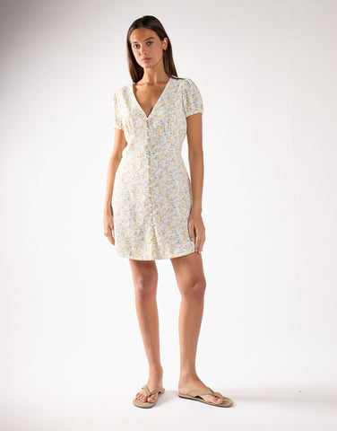 Yellow-Peach Ditsy V-Neck Mini-Dress