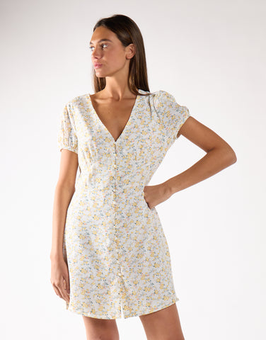 Yellow-Peach Ditsy V-Neck Mini-Dress