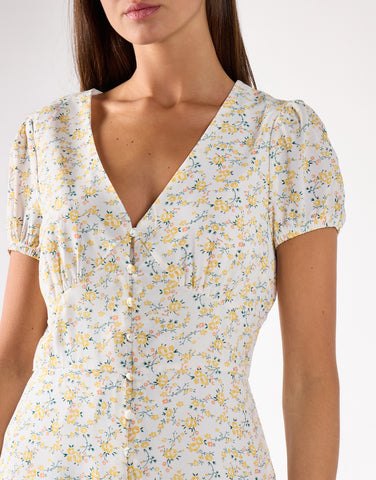 Yellow-Peach Ditsy V-Neck Mini-Dress