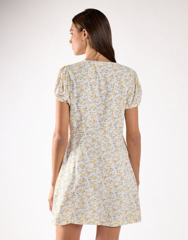 Yellow-Peach Ditsy V-Neck Mini-Dress