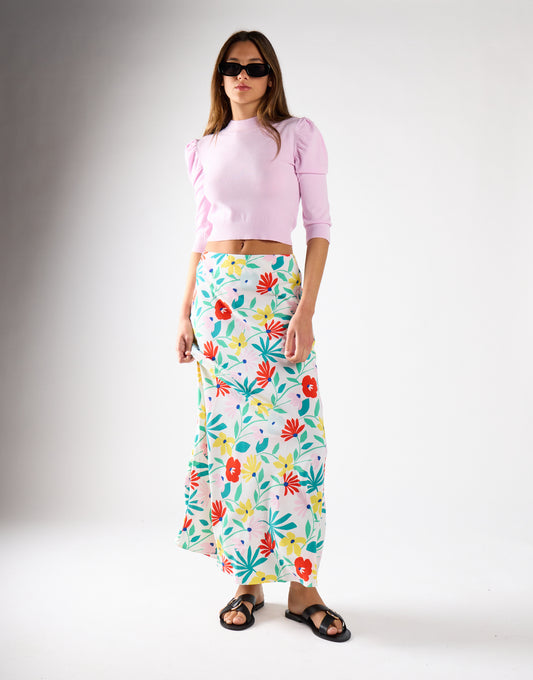Bright Multi Flower Bias-Cut Maxi Skirt