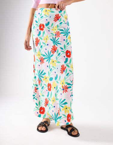 Bright Multi Flower Bias-Cut Maxi Skirt