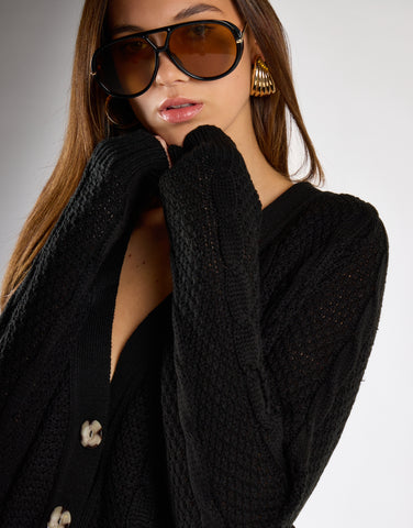 Black Button Down Cable Knit Cardigan