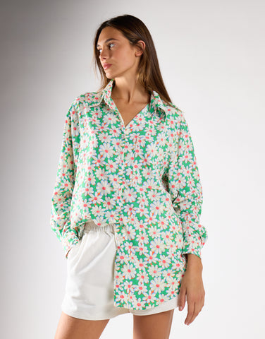 Green Daisy Collared Long Sleeve Top