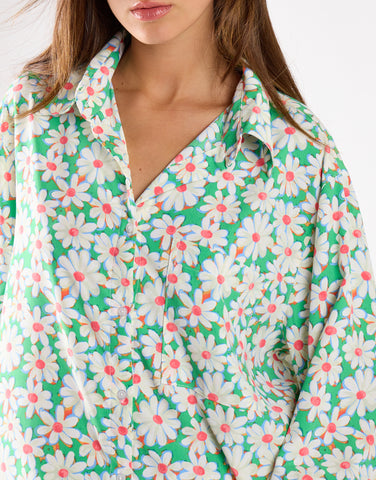 Green Daisy Collared Long Sleeve Top