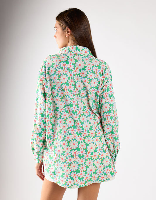 Green Daisy Collared Long Sleeve Top