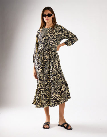 Stone Black Zebra 3/4 Sleeve Midi Dress