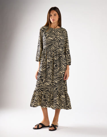 Stone Black Zebra 3/4 Sleeve Midi Dress
