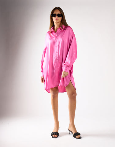 Pink Sateen Oversized Mini Shirt Dress