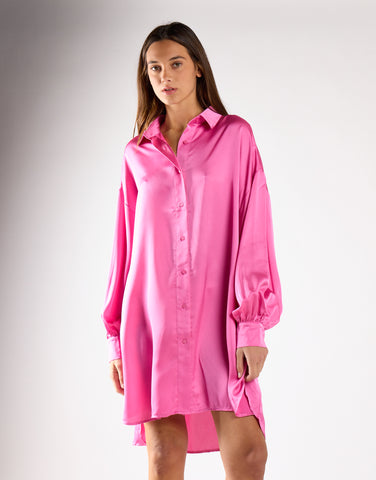 Pink Sateen Oversized Mini Shirt Dress