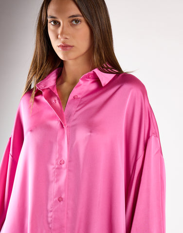 Pink Sateen Oversized Mini Shirt Dress
