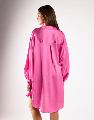 Pink Sateen Oversized Mini Shirt Dress