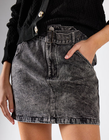 Black Acid Wash Denim Mini Skirt