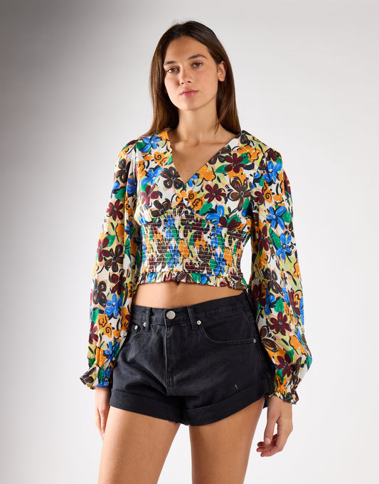 Glamorous Spring Floral V-Neck Long Sleeve Elasticated Blouse