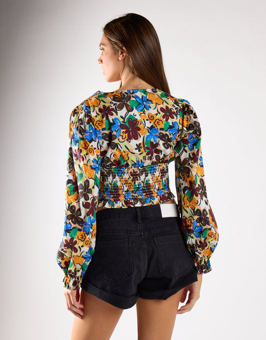 Glamorous Spring Floral V-Neck Long Sleeve Elasticated Blouse