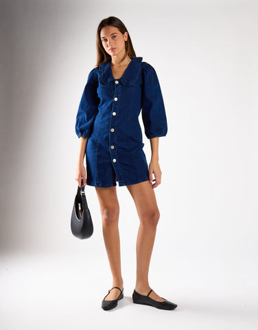 Dark Stonewash V-Neck Button Front Mini Dress