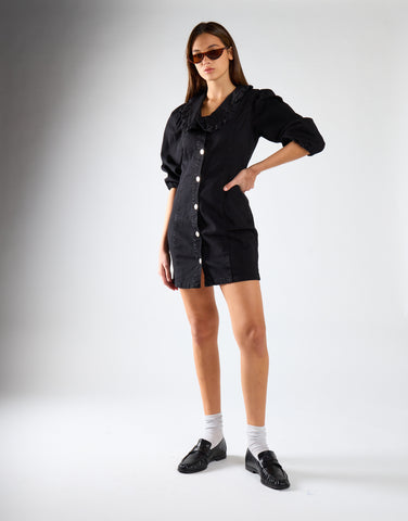 Black V-Neck Button Front Mini Dress