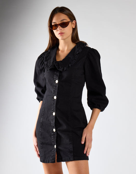 Black V-Neck Button Front Mini Dress