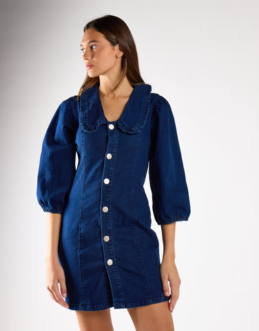 Dark Stonewash V-Neck Button Front Mini Dress