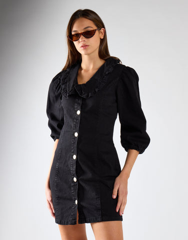 Black V-Neck Button Front Mini Dress
