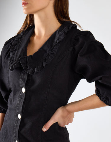 Black V-Neck Button Front Mini Dress